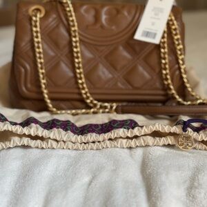 Tory Burch Fleming Convertible Shoulder Bag color: moose with Gold Chain
